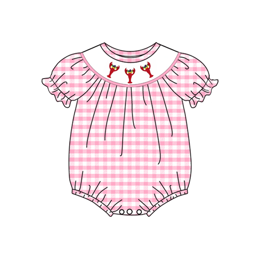 9.30 SR3256 Pre order No Moq Baby Girls Pink Checked Mardigras Crayfishes Ruffle Rompers