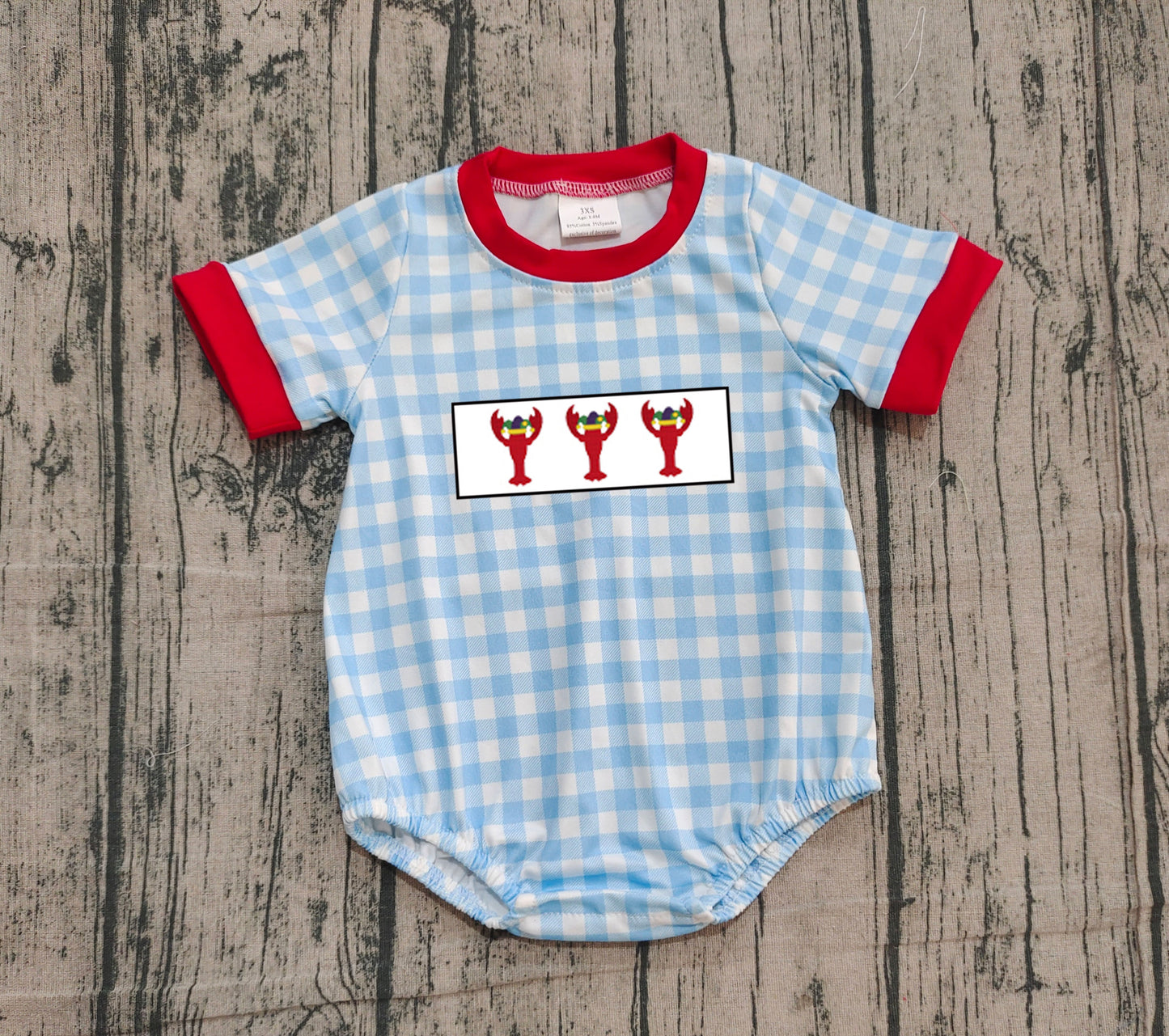 10.13 SR3257 Sample No Moq Embroidery Crayfishes Baby Boys Blue Checked Rompers