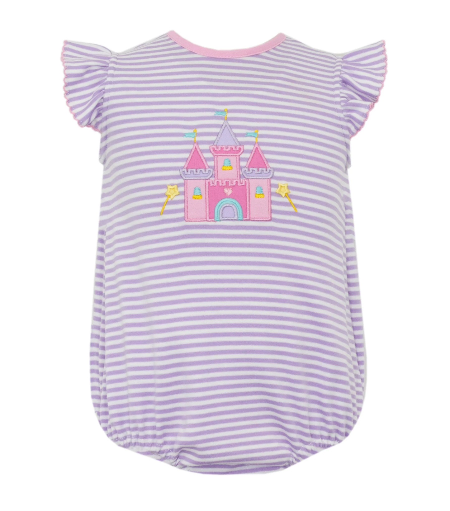 10.3 SR3265 Pre order No Moq Baby Girls Flutter Sleeve Lavender Stripe Castle Ruffle Rompers