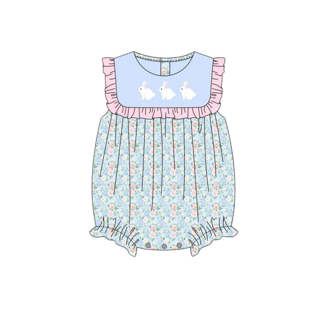 10.3 SR3271 Pre order No Moq Baby Girls Sleeveless Rabbits Top Flowers Easter Ruffle Rompers