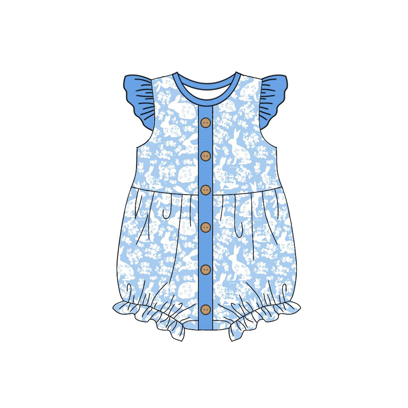 10.3 SR3272 Pre order No Moq Baby Girls Blue Flutter Sleeve Rabbits Flowers Easter Button Ruffle Rompers