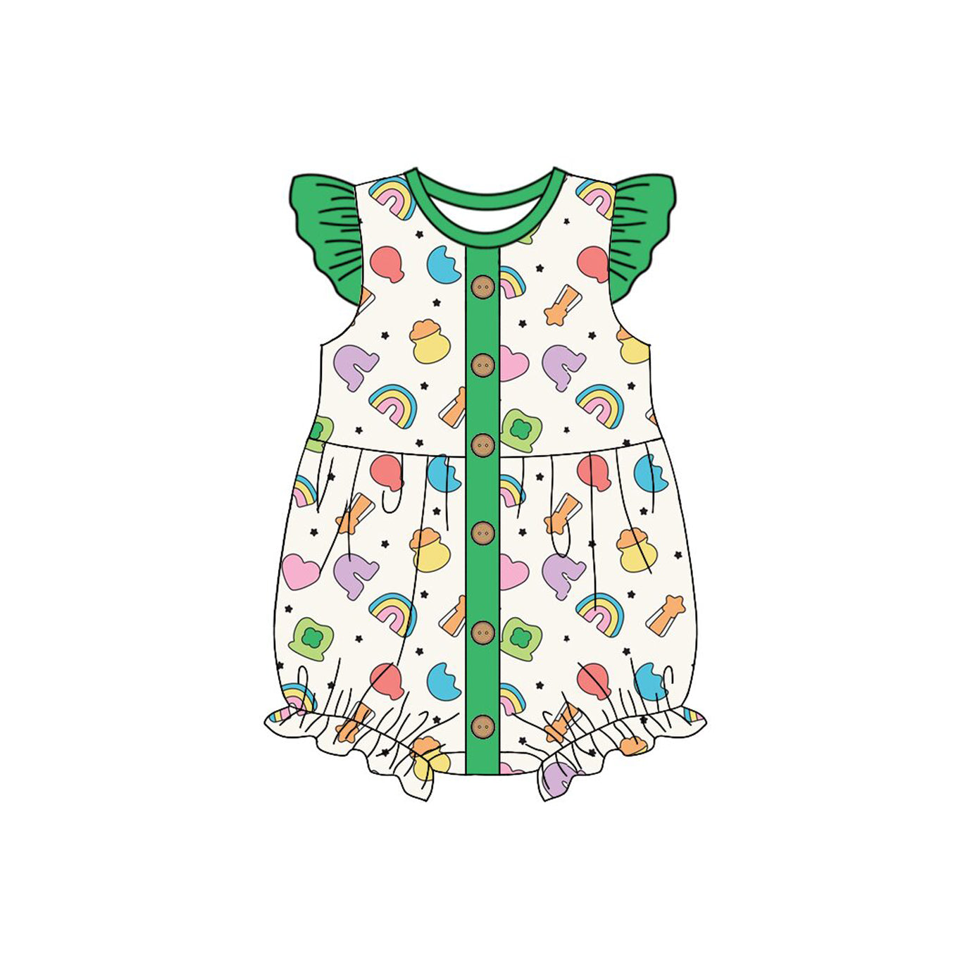 10.3 SR3275 Pre order No Moq Baby Girls Flutter Sleeve Clovers Rainbows St Patrick Button Ruffle Rompers