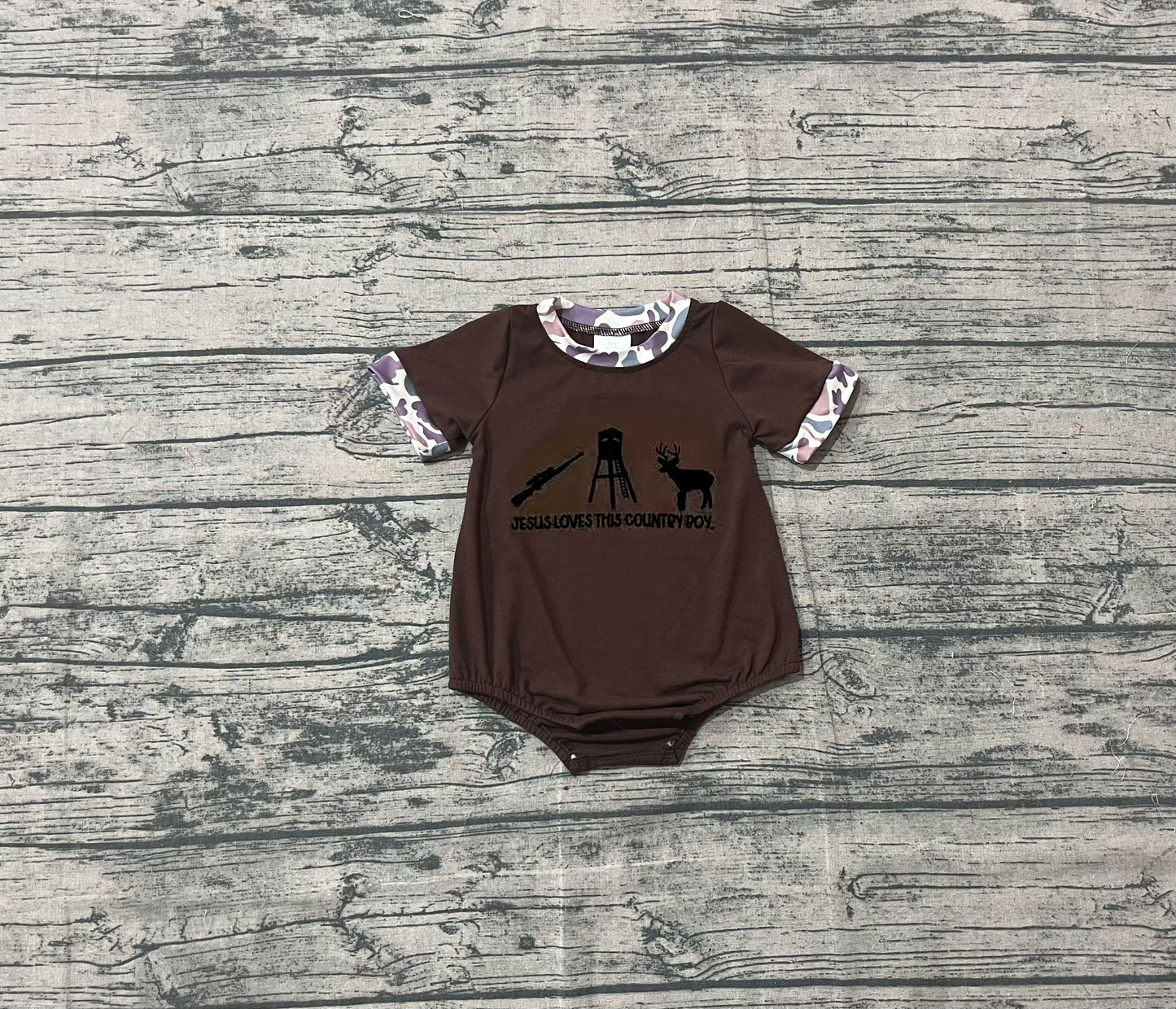 10.4 SR3280 Sample No Moq Embroidery Jesus Love Me Deer Baby Boys Camo Sleeve Hunting Rompers