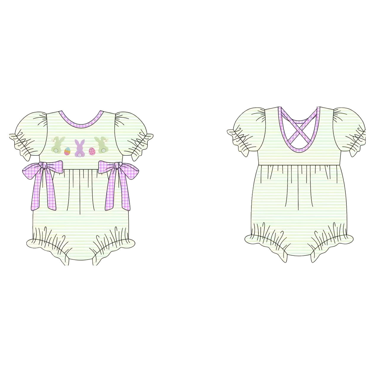 10.10 SR3287 Pre order No Moq Baby Girls Stripe Rabbits Eggs Bows Easter Ruffle Rompers