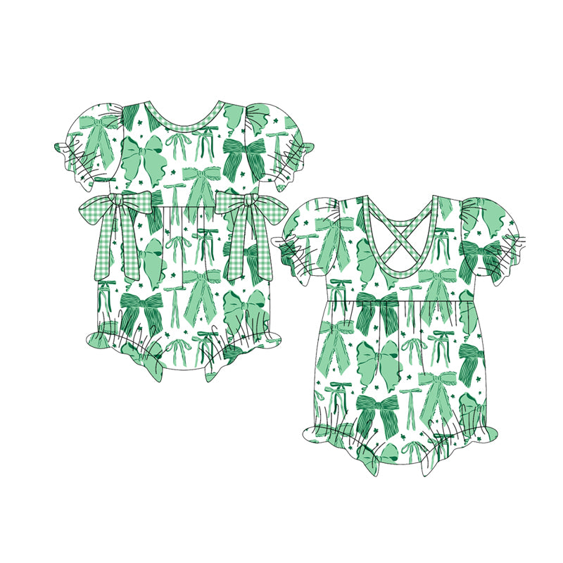 10.13 SR3305 Pre order No Moq Baby Girls Green Clovers Bows St Patrick Ruffle Rompers