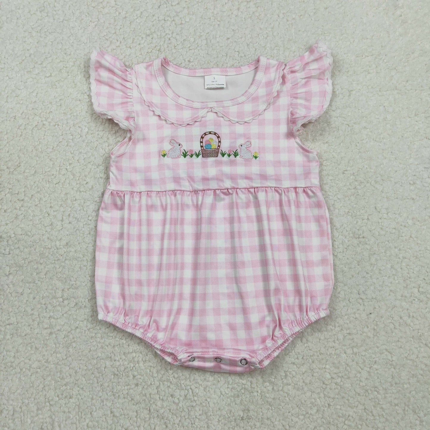 2.10 RTS NO MOQ (In stock)SR3314 Baby Girls Pink Checked Embroidery Rabbits Eggs Easter Ruffle Rompers
