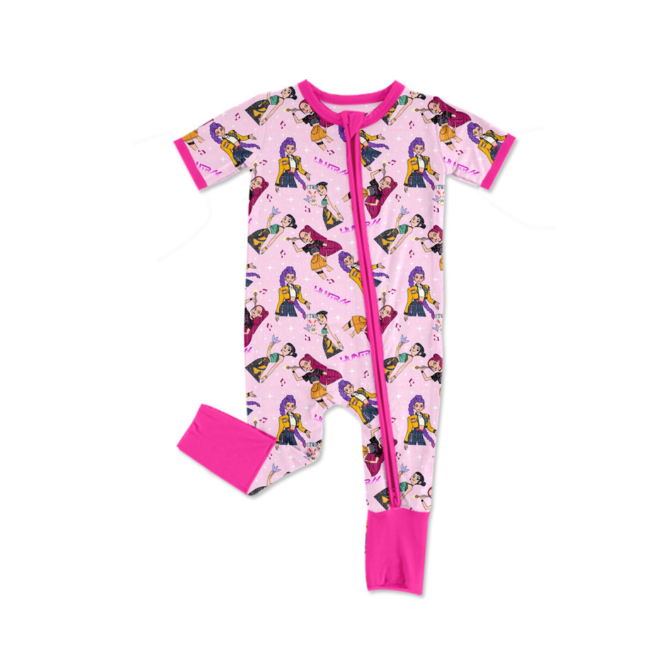 10.15 SR3319 Pre order No Moq Baby Girls Pink Short Sleeve Cartoon Girls Zipper Footie Rompers