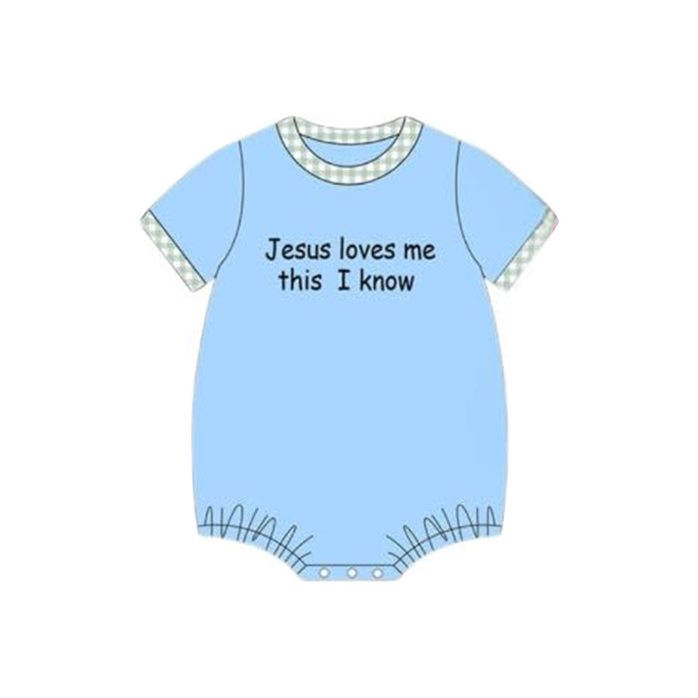 10.22 SR3342 Pre order No Moq Baby Boys Blue Short Sleeve Jesus Love Me Rompers