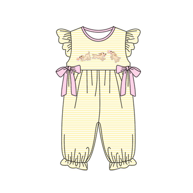 10.23 (Pre Order) No moq SR3374 PRE-ORDER Baby Girls Stripe Dogs Bows Ruffle Footie Rompers