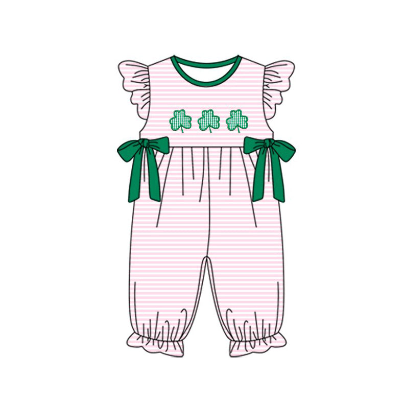 10.23 (Pre Order) No moq SR3375 PRE-ORDER Baby Girls Stripe Clovers Bows Ruffle Footie Rompers