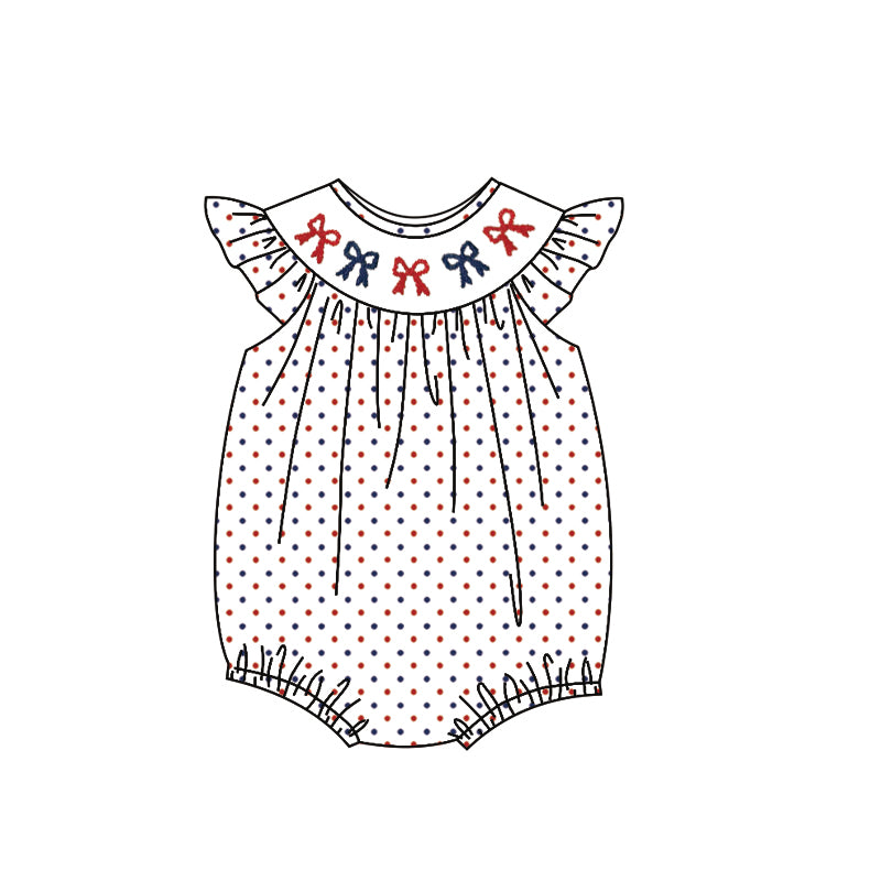10.28 SR3390 Pre Order No moq Baby Girls Flutter Sleeve Red Blue Bows Polka Dots July 4th Ruffle Rompers
