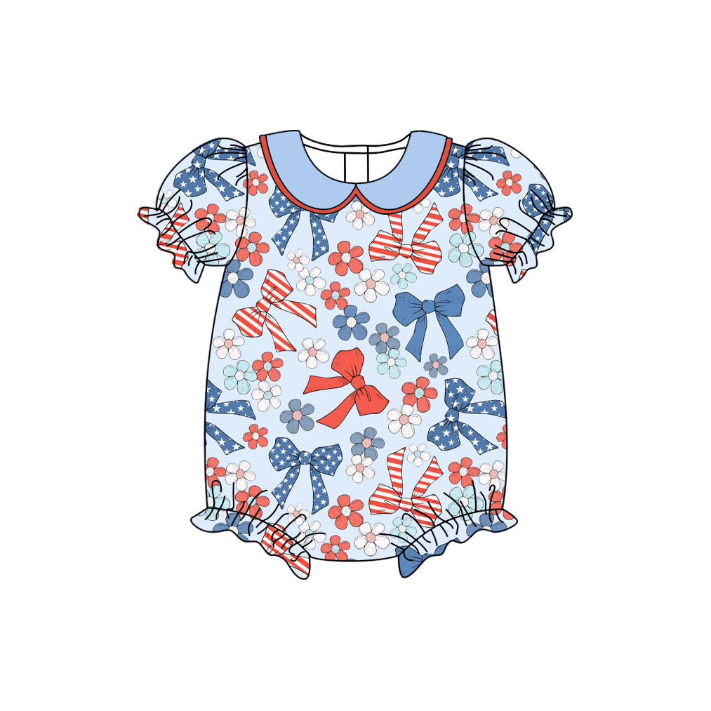 10.28 SR3391 Pre Order No moq Baby Girls Flutter Sleeve Red Blue Bows Flowers July 4th Ruffle Rompers