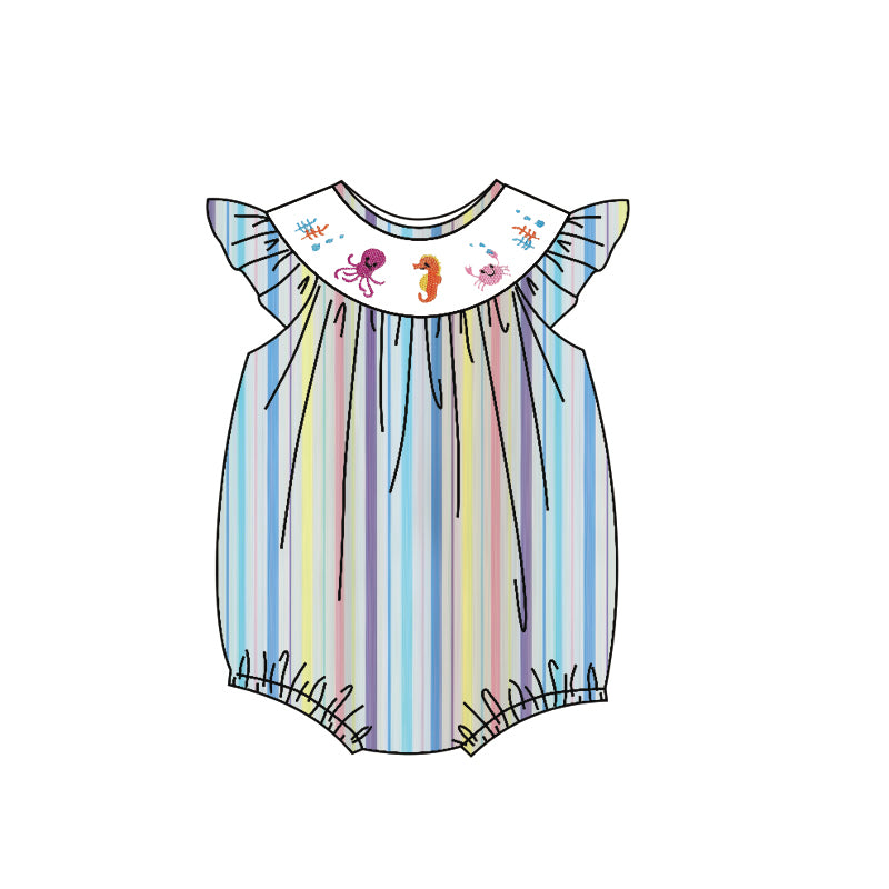10.28 SR3394 Pre Order No moq Baby Girls Flutter Sleeve Sea Horse Crabs Stripe Ruffle Rompers