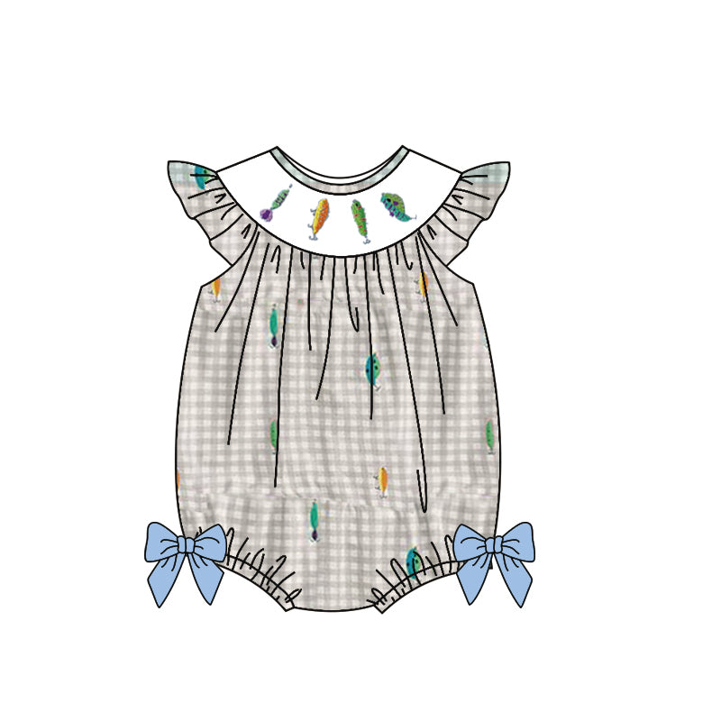 10.28 SR3395 Pre Order No moq Baby Girls Flutter Sleeve Fishing Checked Ruffle Rompers