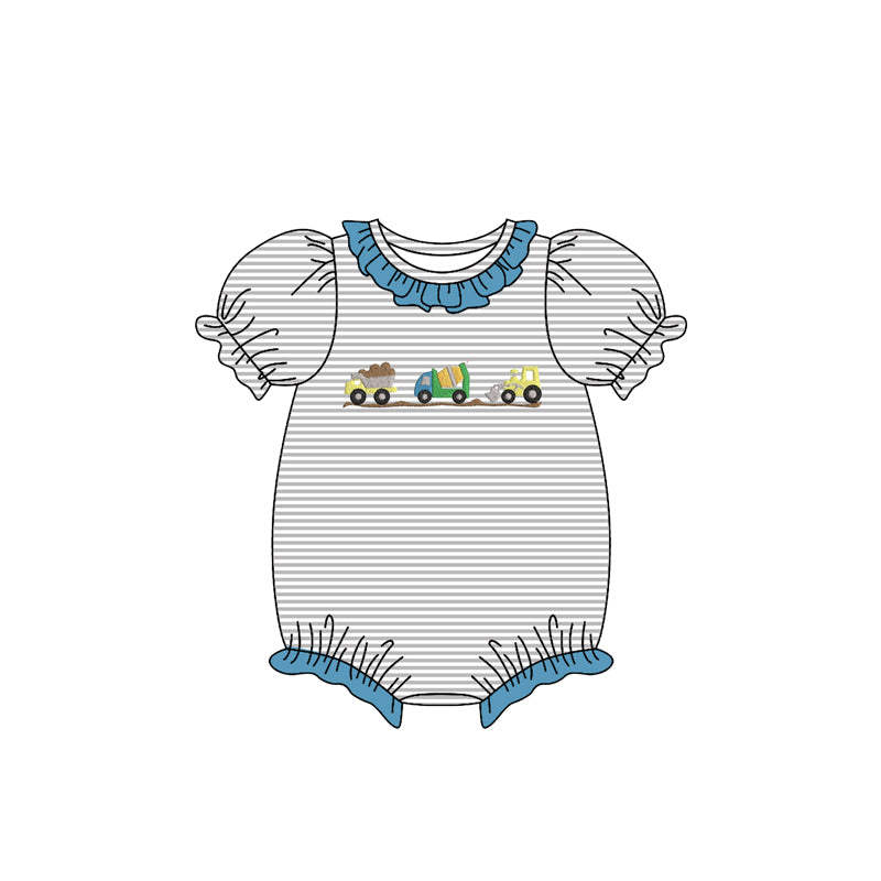 10.28 SR3398 Pre Order No moq Baby Girls Excavator Stripe Collar Ruffle Rompers