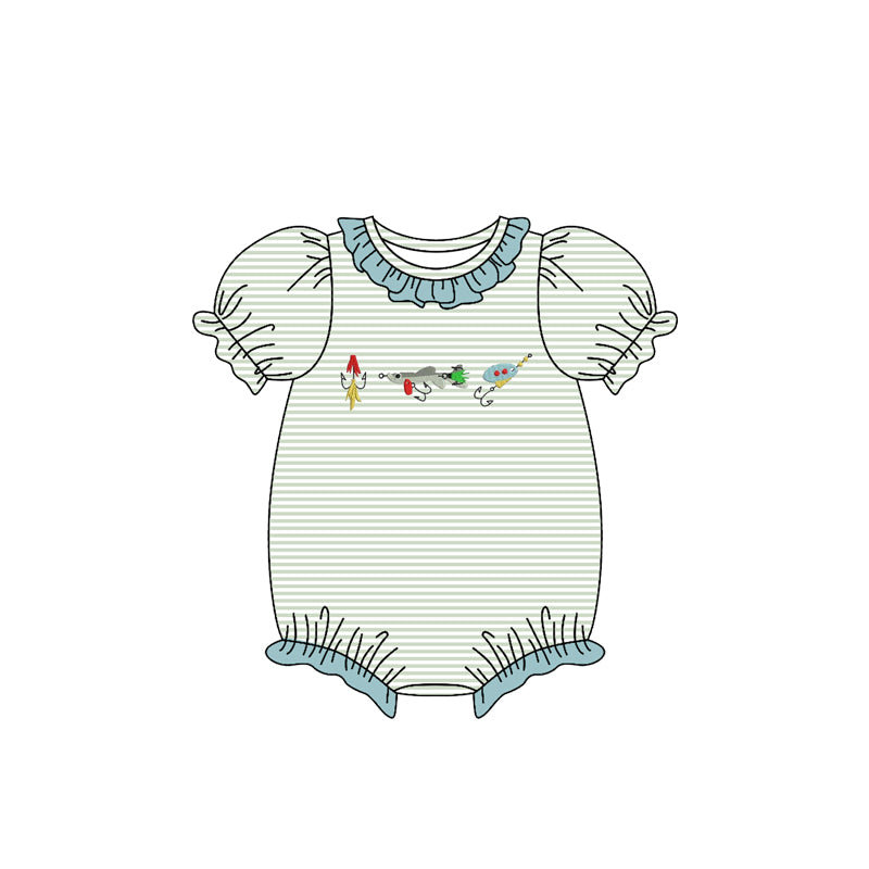 10.28 SR3402 Pre Order No moq Baby Girls Short Ruffle Sleeve Stripe Collar Fishing Hunting Rompers