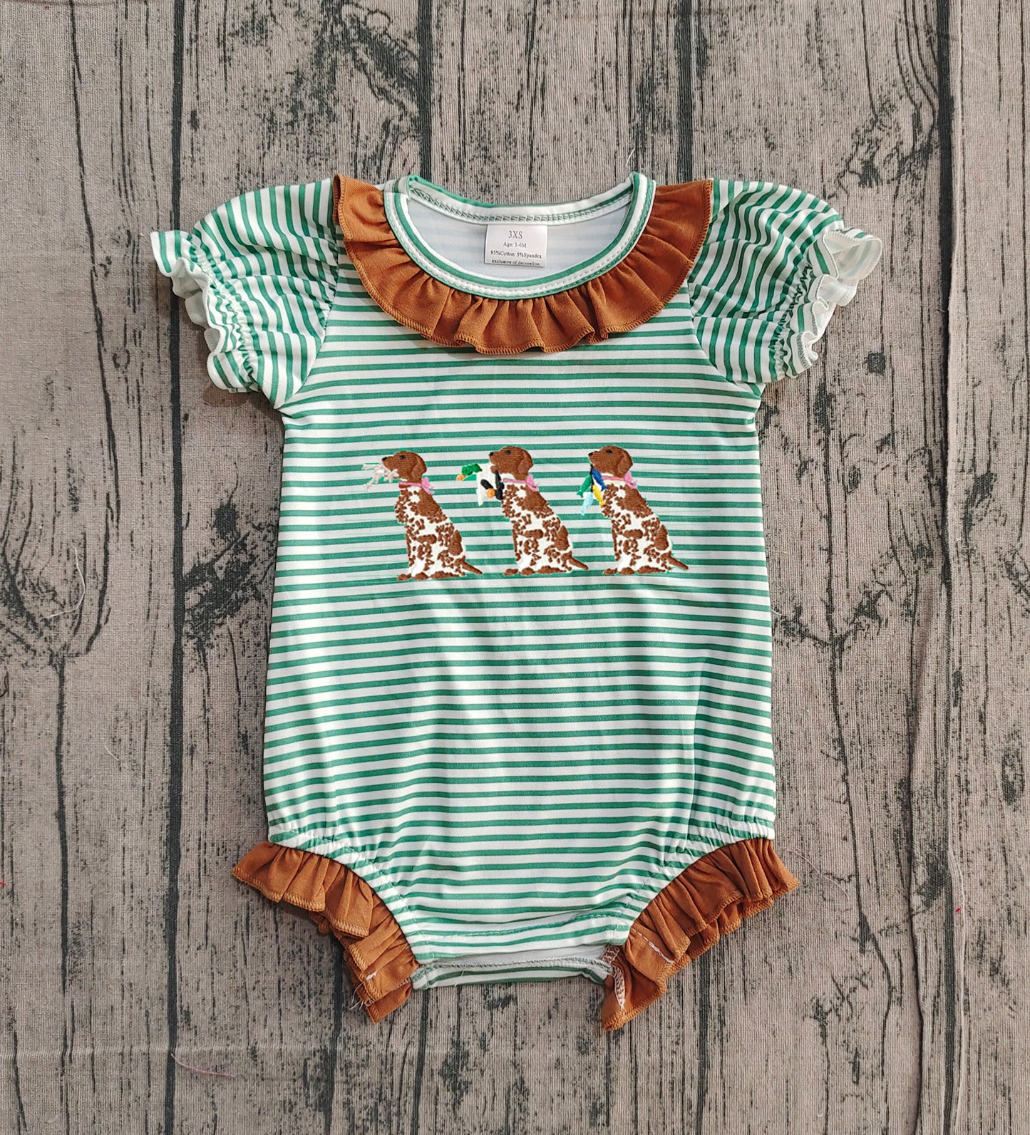 11.20 SR3404 Sample No Moq Embroidery Ducks Dogs Baby Girls Stripe Collar Hunting Ruffle Rompers