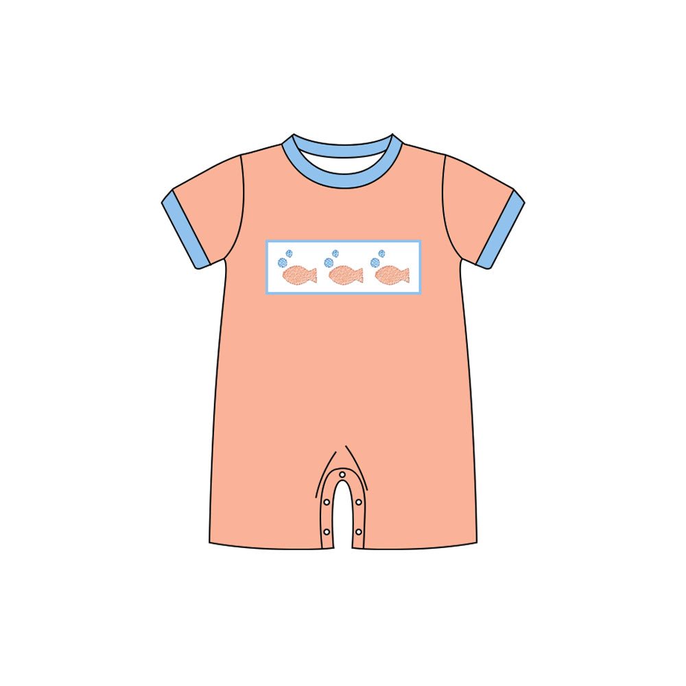10.27 (Pre Order) No moq SR3408 PRE-ORDER Baby Boys Short Sleeve Orange Fishes Hunting Shorts Rompers