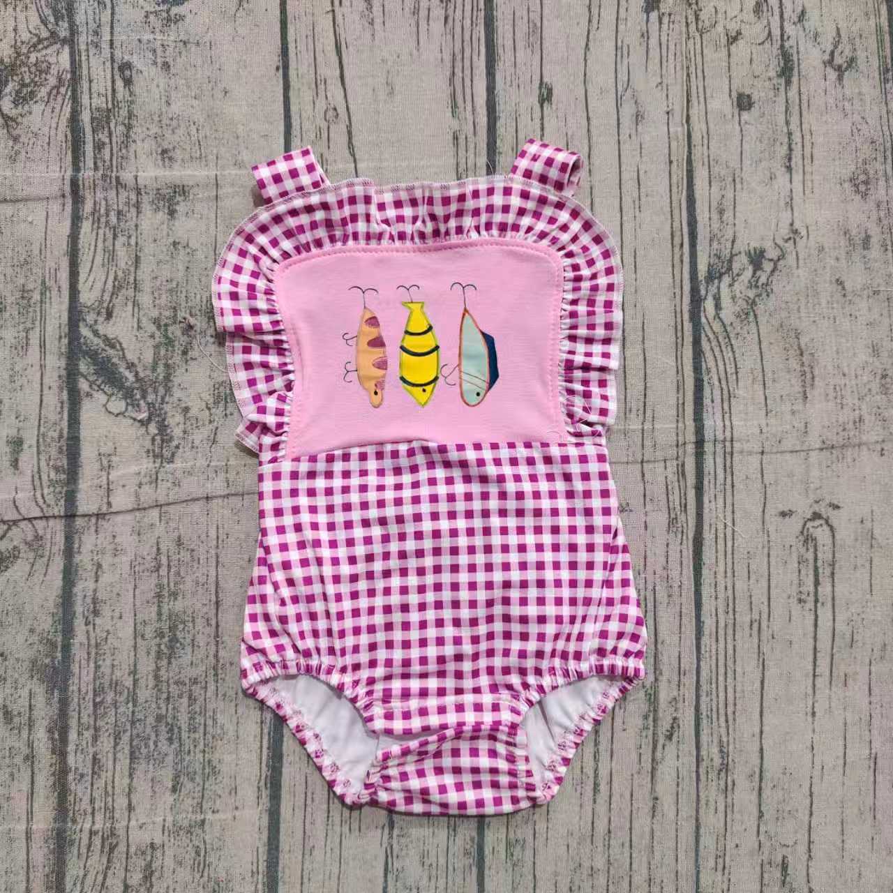 11.11 SR3414 Sample No Moq Baby Girls Strap Fishing Checked Ruffle Hunting Rompers