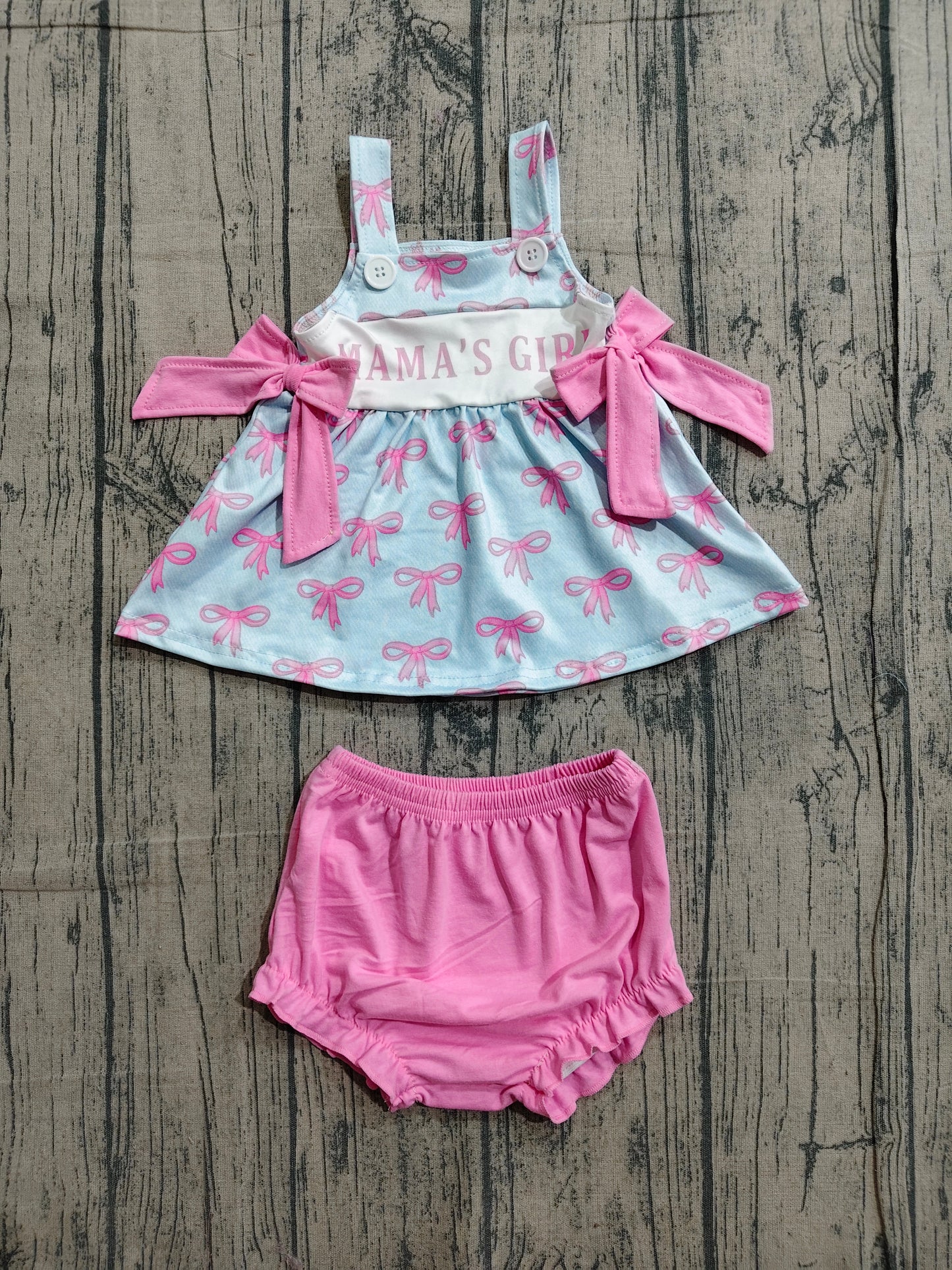 3.23 SR3426 Sample No Moq Baby Girls Strap Pink Mama's Girls Bows Tunic Bummies Ruffle Rompers