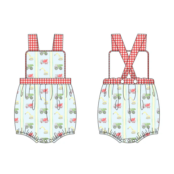 10.31 SR3457 Pre Order No moq Baby Girls Red Checked Strap Excavators Stripe Ruffle Rompers