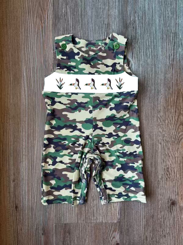 10.31 SR3458 Pre Order No moq Baby Boys Green Camo Ducks Sleeveless Hunting Shorts Rompers