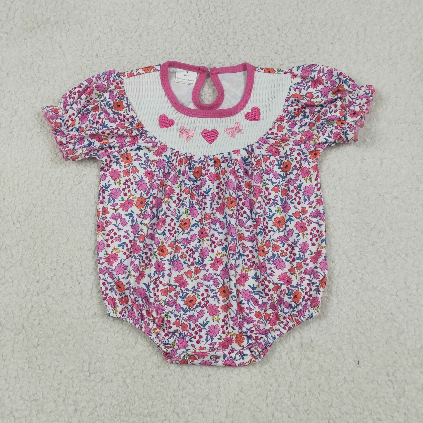 12.24 RTS NO MOQ (In stock)SR3465 Smocked Hearts Bows Baby Girls Flowers Valentines Ruffle Rompers