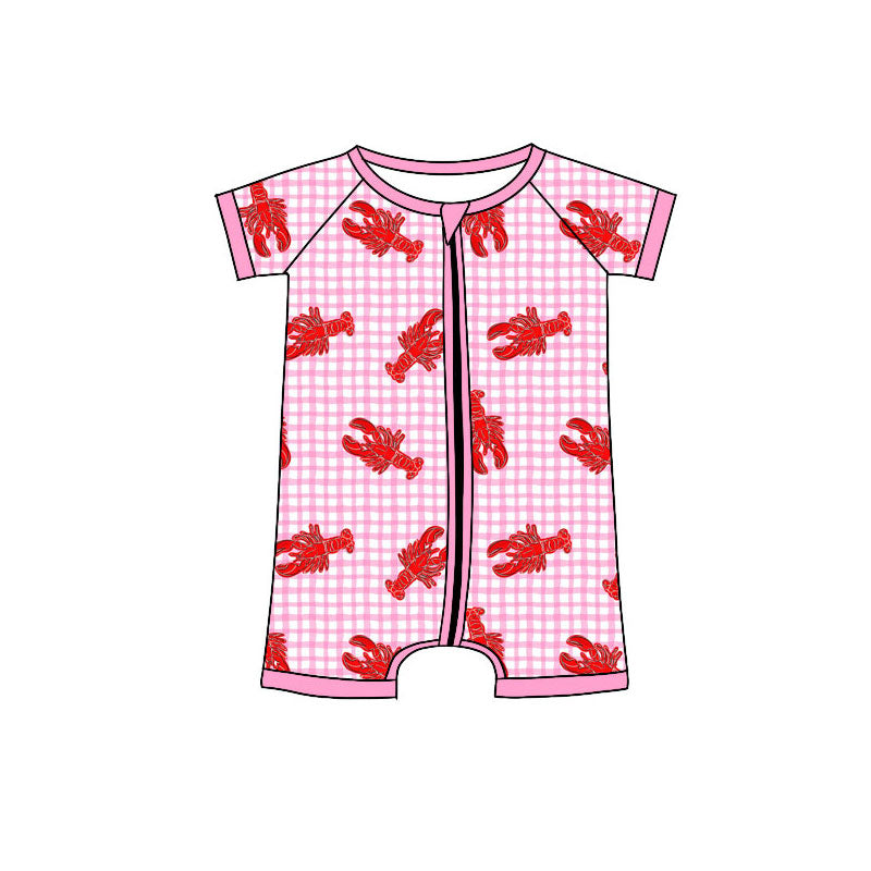 11.6 SR3494 Pre Order No moq Baby Girls Pink Checked Crayfishes Zipper Rompers