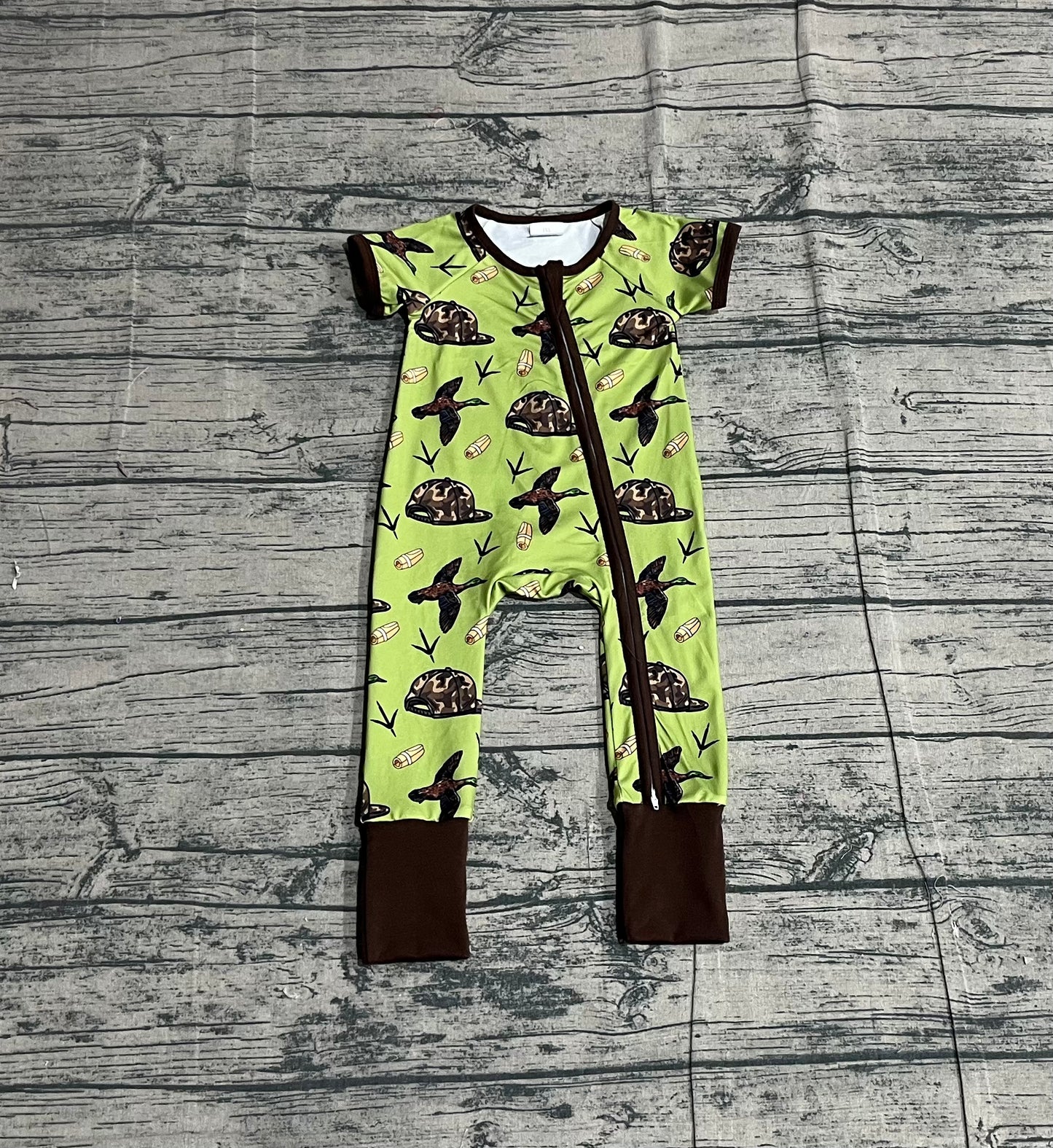 11.21 SR3499 Sample No Moq Baby Boys Ducks Calls Camo Hats Hunting Two Way Zip Convertible Rompers