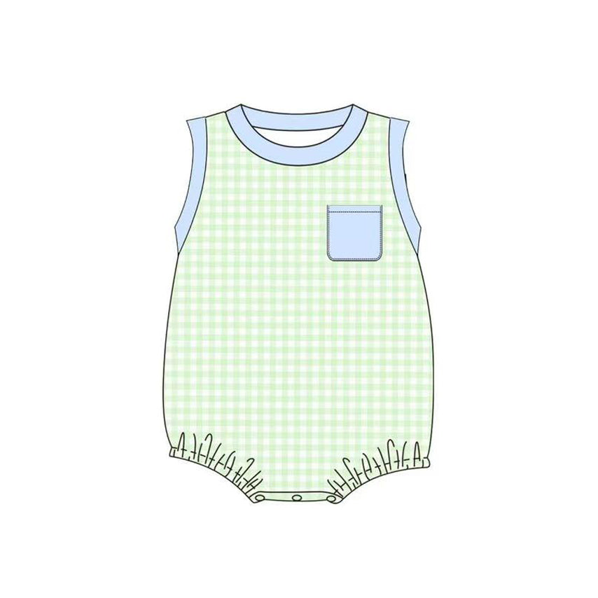 11.7 SR3502 Pre Order No moq Baby Boys Sleeveless Green Checked Pocket Rompers