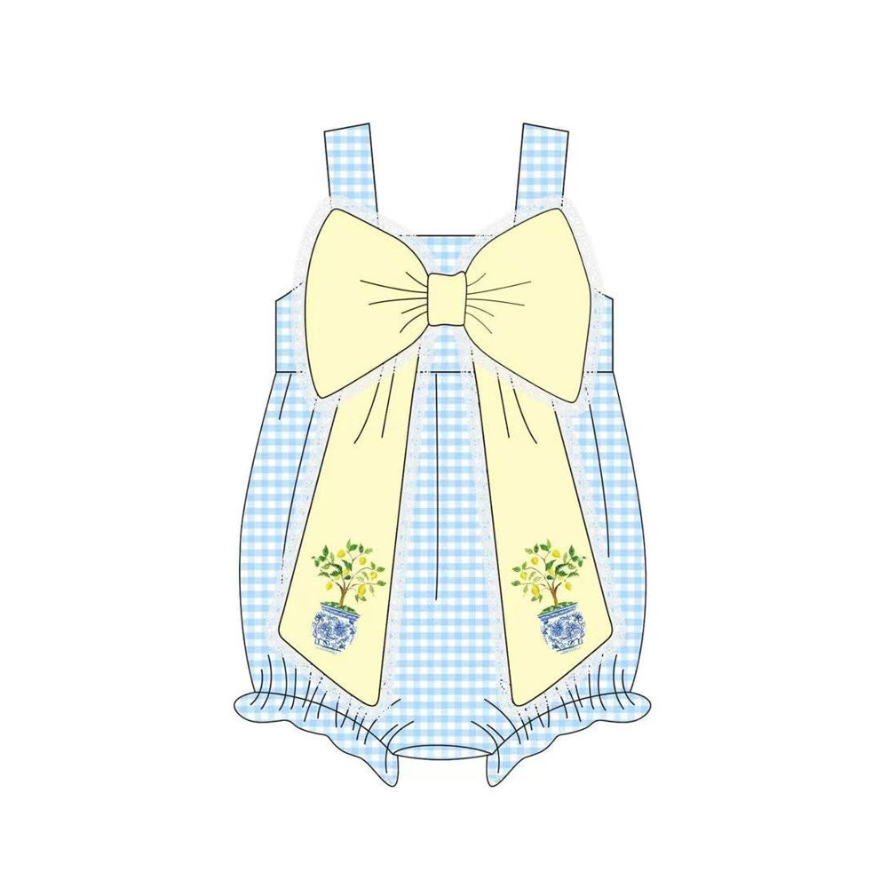 11.7 SR3505 Pre Order No moq Baby Boys Blue Checked Strap Flowers Bows Ruffle Rompers