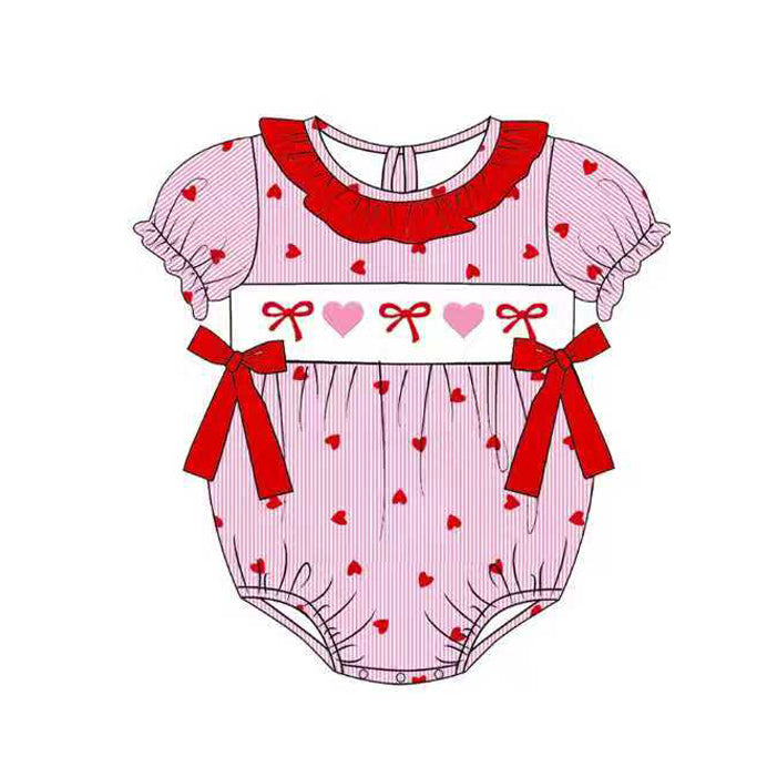 11.10 SR3520 Pre Order No moq Baby Girls Red Stripe Hearts Bows Valentine Ruffle Rompers