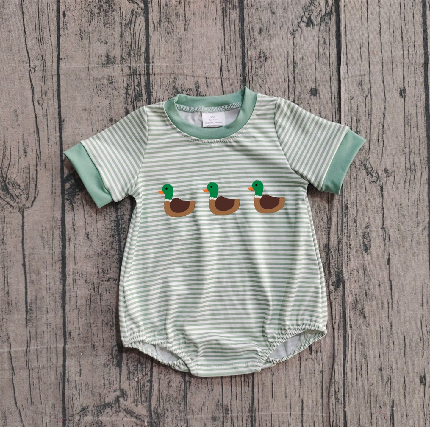 11.25 SR3531 Sample No Moq Embroidery Ducks Baby Boys Green Stripe Short Sleeve Hunting Rompers