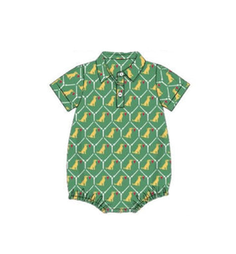 11.12 SR3534 Pre Order No moq Baby Boys Green Short Sleeve Dogs Checked Button Hunting Rompers