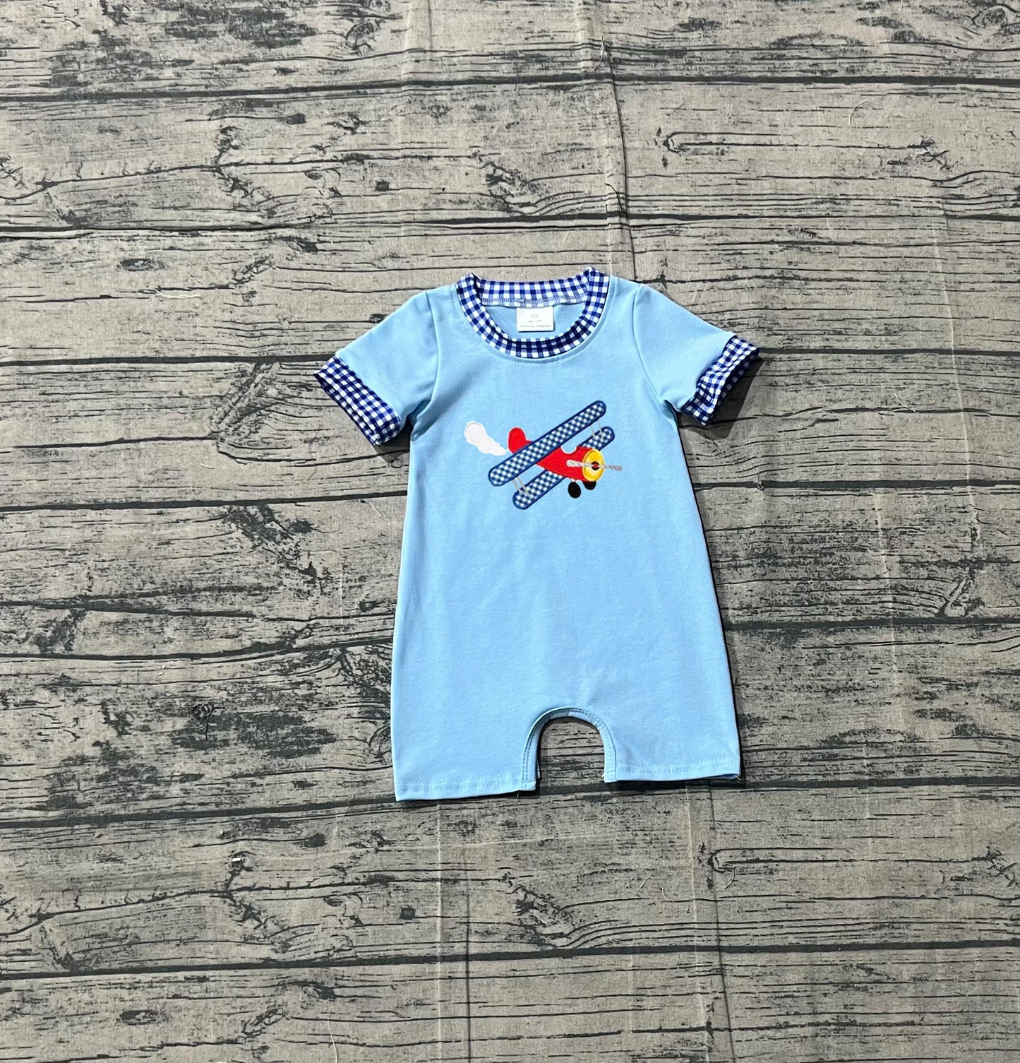 1.16 SR3543 Sample No Moq Embroidery Planes Baby Boys Blue Short Sleeve Rompers