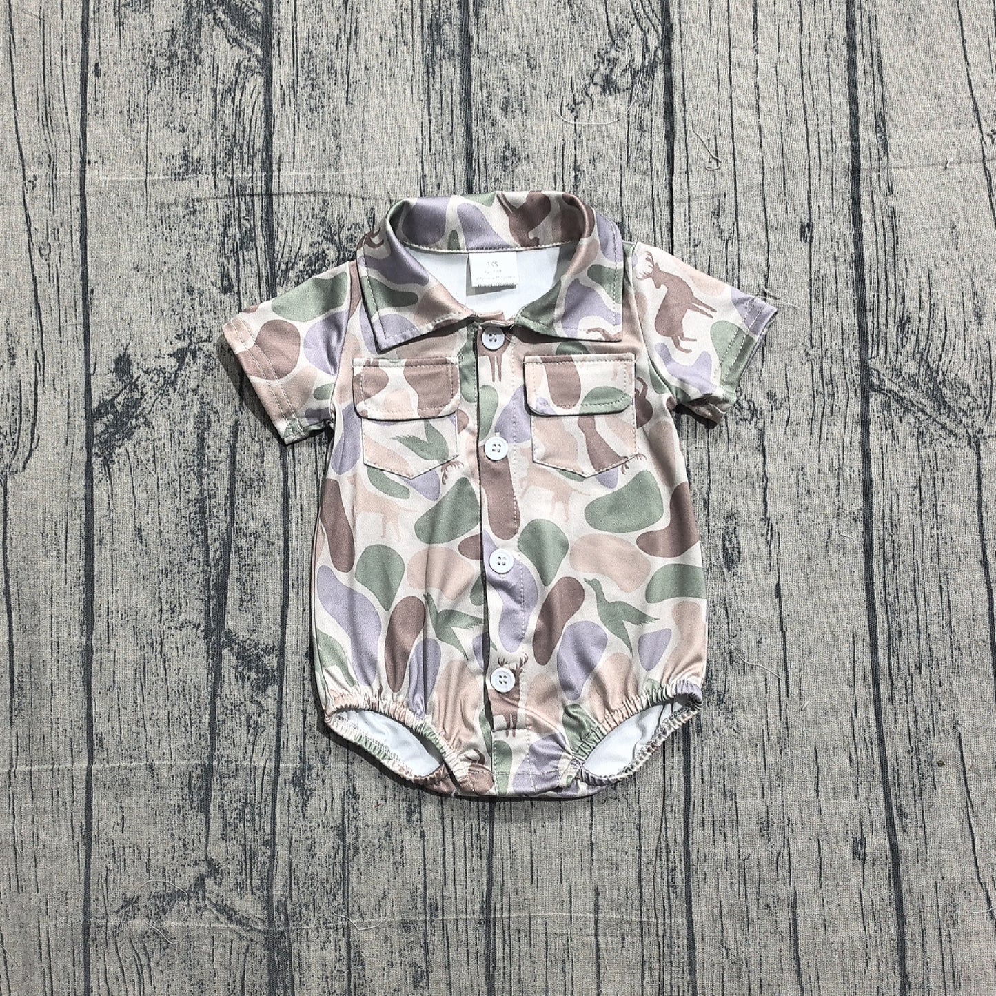 1.12 SR3544 Sample No Moq Baby Boys Ducks Dogs Deer Camo Pockets Hunting Rompers