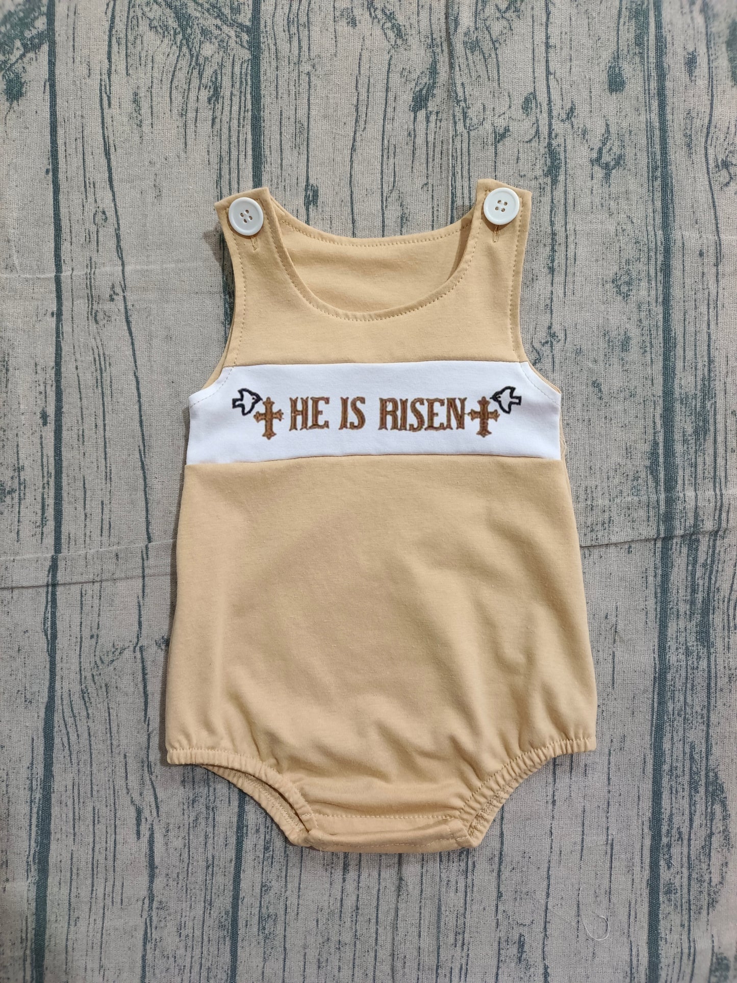 1.31 SR3547 Sample No Moq Embroidery He is Risen Crosses Baby Boys Easter Sleeveless Rompers