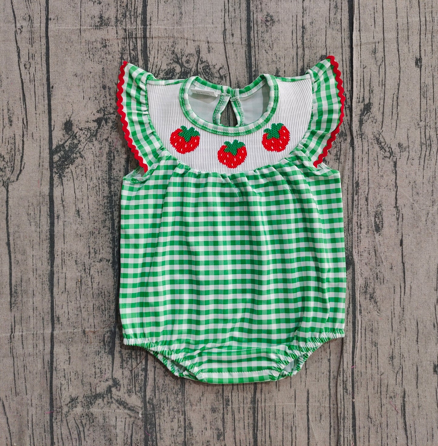 11.25 SR3550 Sample No Moq Smocked Strawberry Baby Girls Green Checked Ruffle Rompers