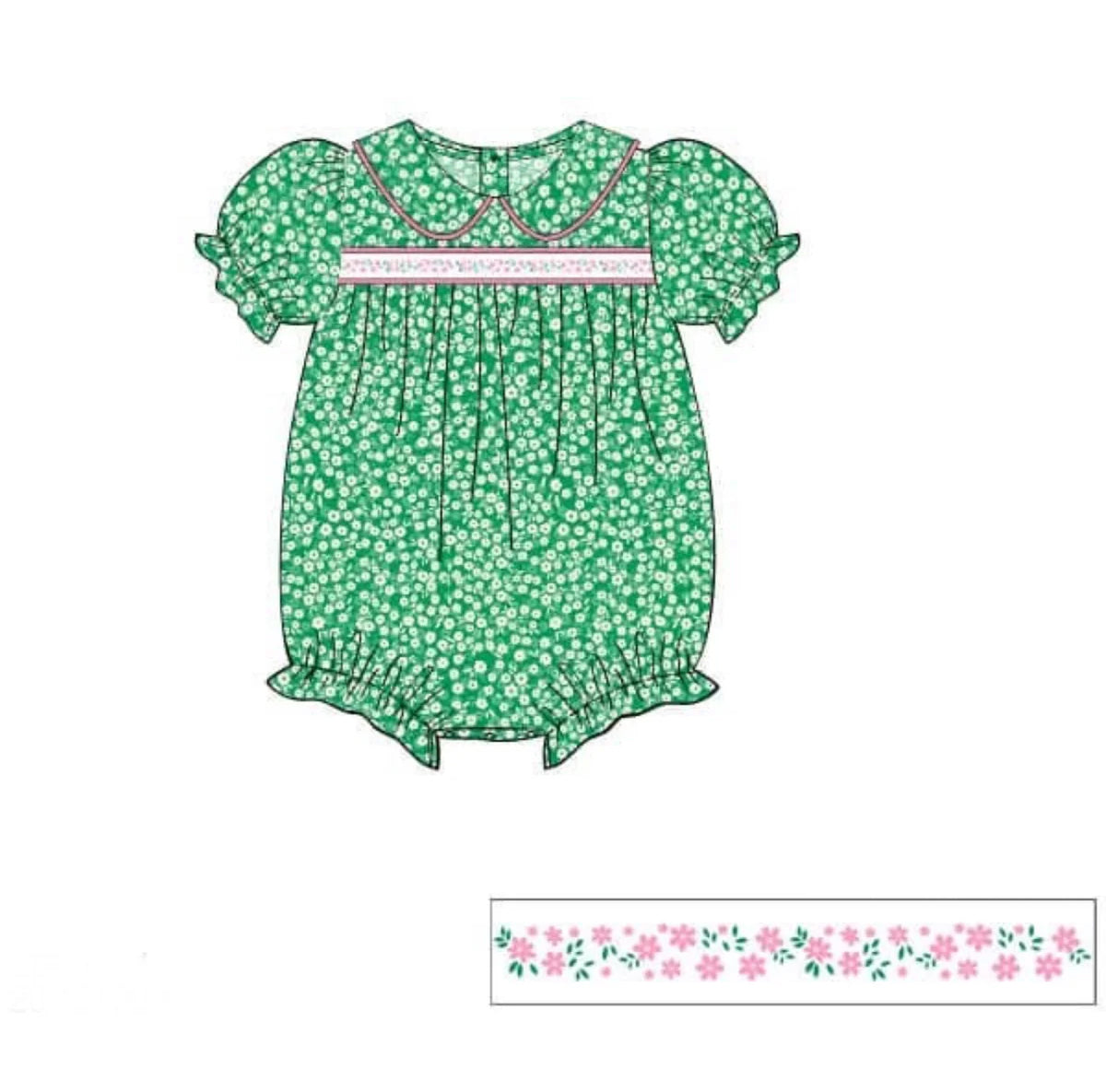 11.15 SR3560 Pre Order No moq Baby Girls Green Pink Floral Collar Ruffle Rompers