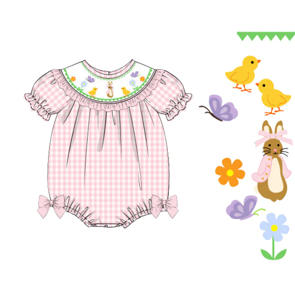 11.15 SR3565 Pre Order No moq Baby Girls Pink Checked Rabbits Chicks Easter Ruffle Rompers
