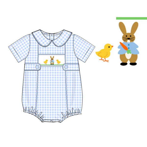 11.15 SR3566 Pre Order No moq Baby Boys Blue Checked Rabbits Chicks Easter Collar Rompers