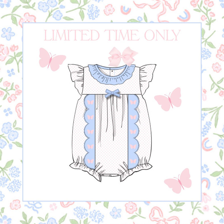 11.18 SR3568 Pre Order No moq Baby Girls Butterfly Polka Dots Collar Bows Ruffle Rompers