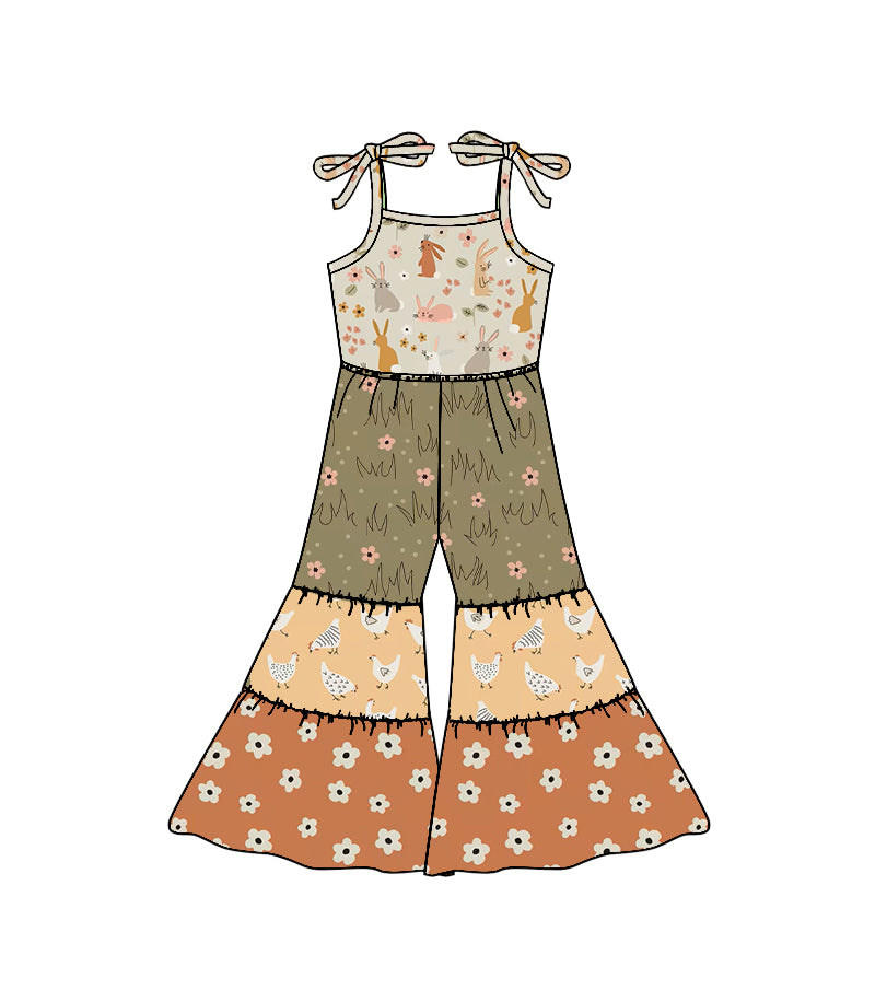 11.20 SR3583 Pre order No Moq Baby Girls Strap Rabbits Chicks Easter Patchwork Bell Bottom Jumpsuits