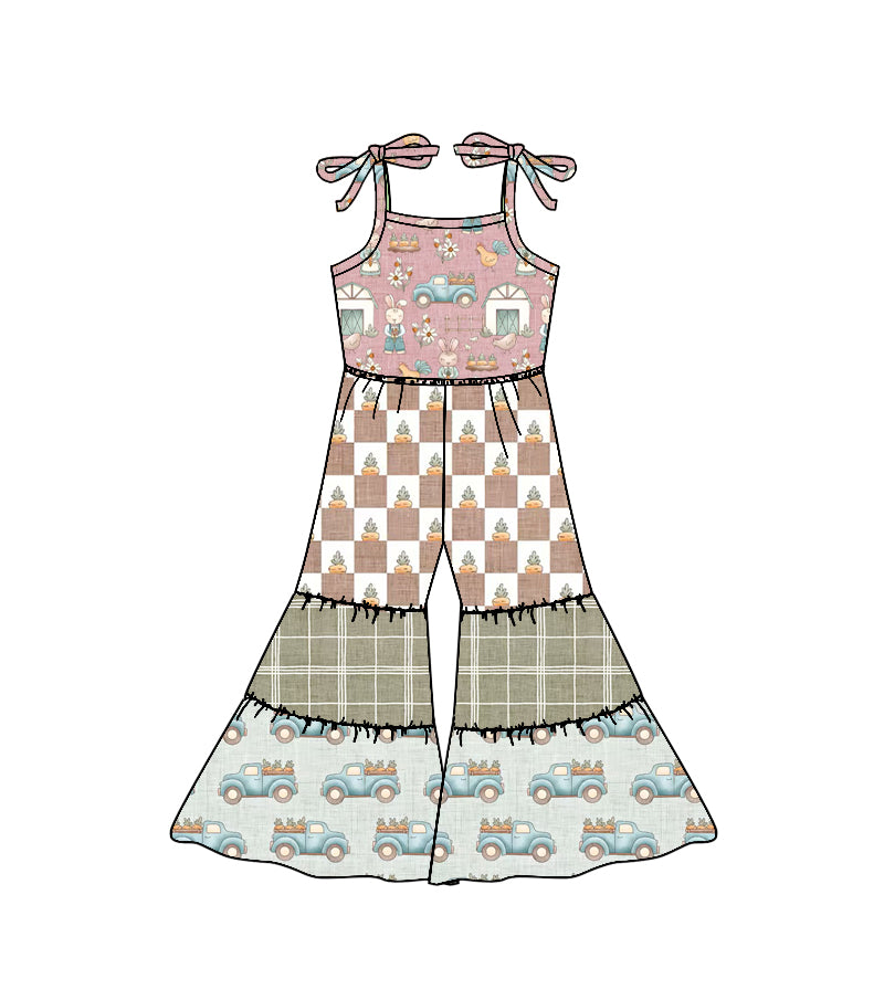 11.20 SR3584 Pre order No Moq Baby Girls Strap Rabbits Carrots Easter Patchwork Bell Bottom Jumpsuits