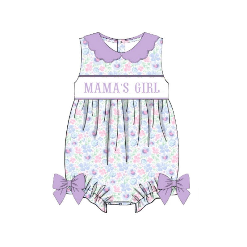 11.20 SR3591 Pre Order No moq Baby Girls Sleeveless Lavender Floral Mama's Girl Bows Collar Rompers