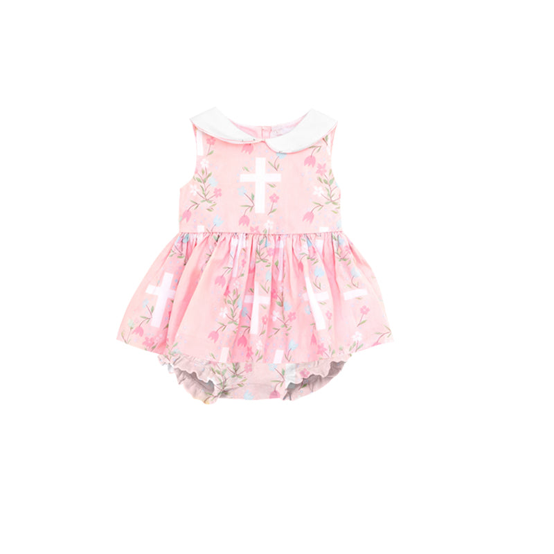 11.20 SR3594 Pre Order No moq Baby Girls Pink Flowers Crosses Tunic Bummies Easter Collar Rompers
