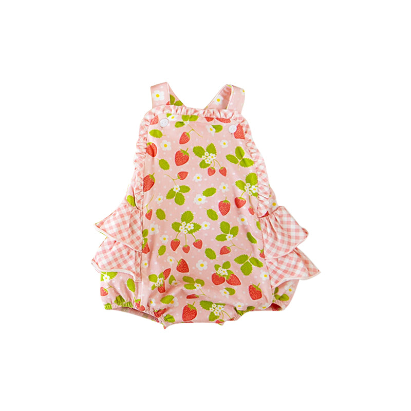 11.20 SR3595 Pre Order No moq Baby Girls Pink Strap Flowers Strawberry Bubbly Ruffle Rompers