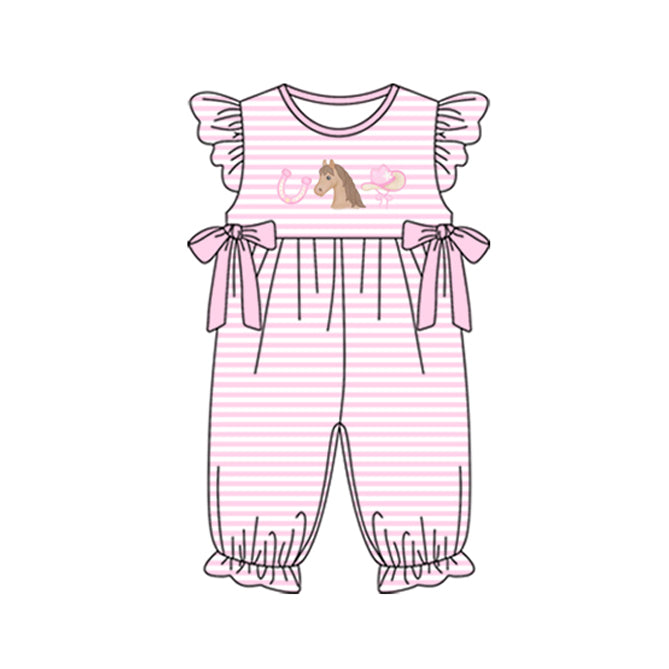 11.20 SR3597 Pre Order No moq Baby Girls Pink Stripe Horse Hats Bows Western Ruffle Footie Rompers
