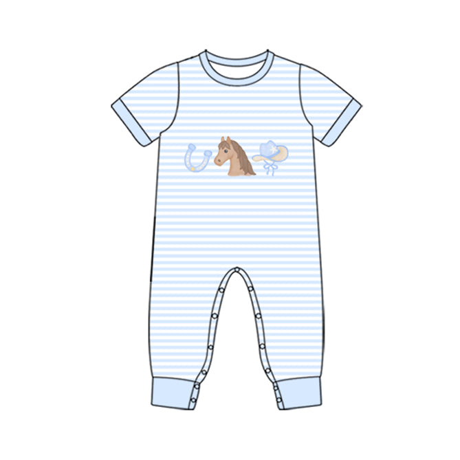 11.20 SR3598 Pre Order No moq Baby Boys Blue Stripe Horse Hats Western Short Sleeve Footie Rompers