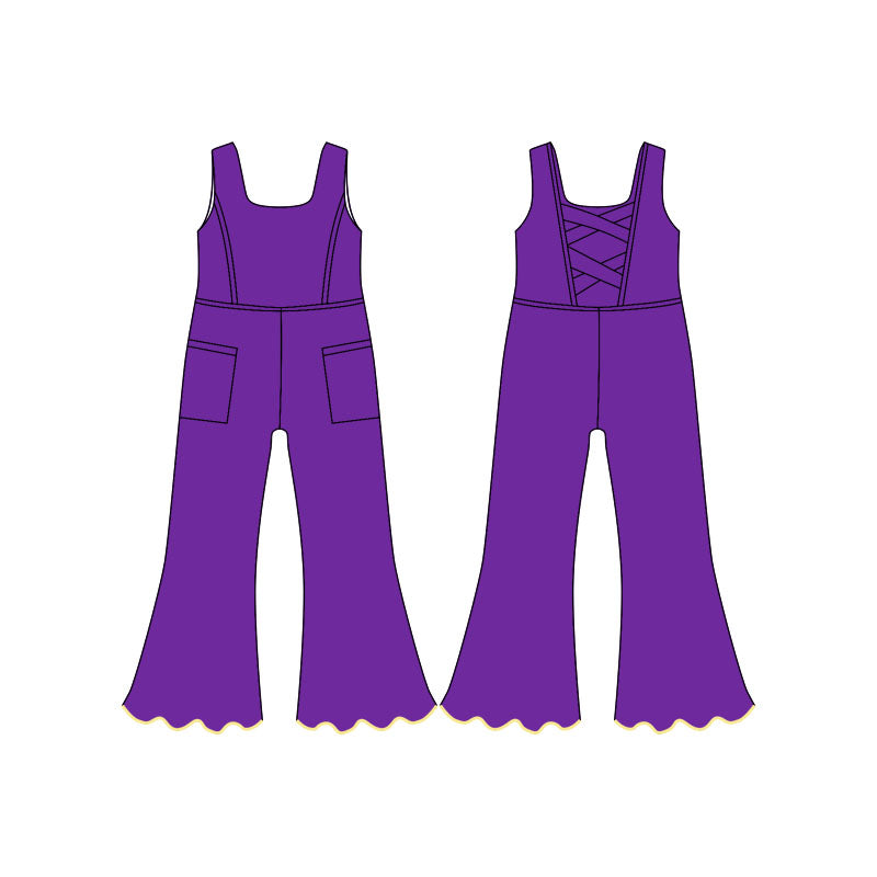 11.21 SR3599 Pre order No Moq Yoga fabric Baby Girls Purple Sleeveless Pockets Flare Pants Yoga Jumpsuits
